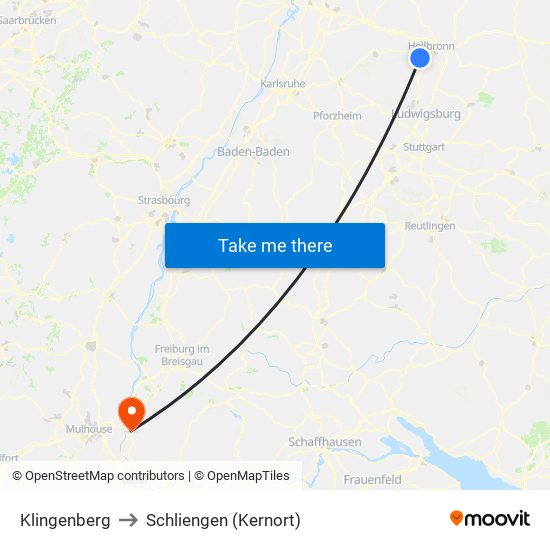 Klingenberg to Schliengen (Kernort) map