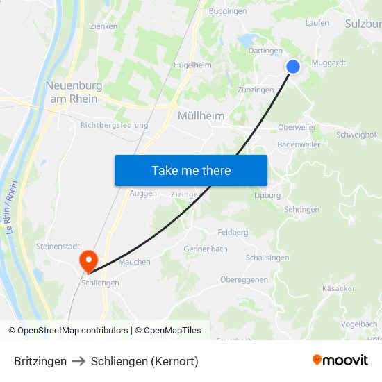 Britzingen to Schliengen (Kernort) map