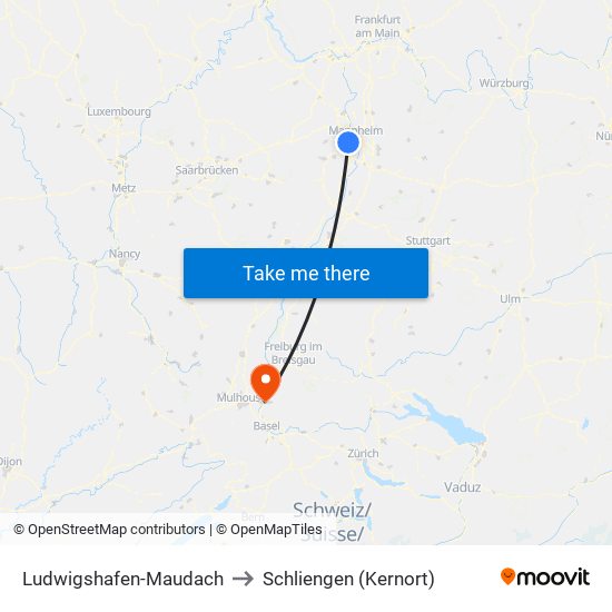 Ludwigshafen-Maudach to Schliengen (Kernort) map