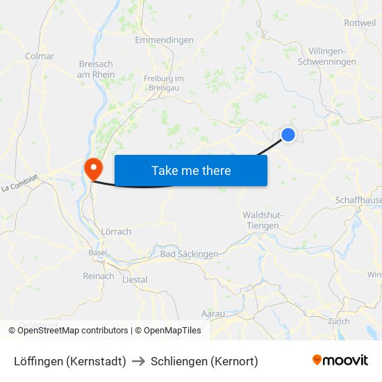 Löffingen (Kernstadt) to Schliengen (Kernort) map