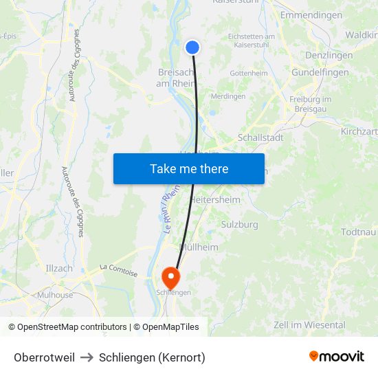 Oberrotweil to Schliengen (Kernort) map