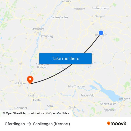 Oferdingen to Schliengen (Kernort) map