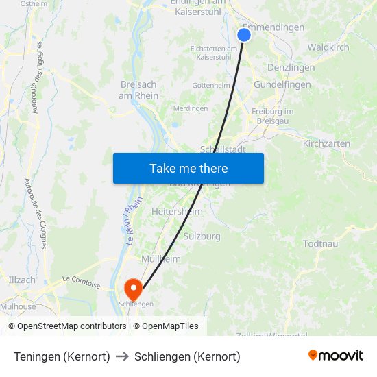 Teningen (Kernort) to Schliengen (Kernort) map