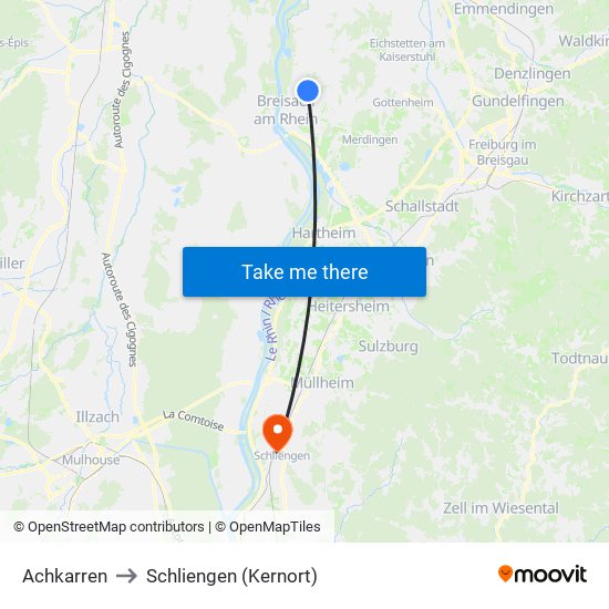 Achkarren to Schliengen (Kernort) map