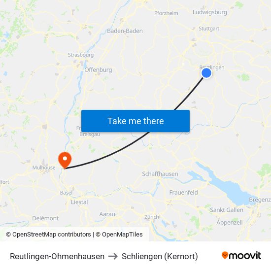 Reutlingen-Ohmenhausen to Schliengen (Kernort) map