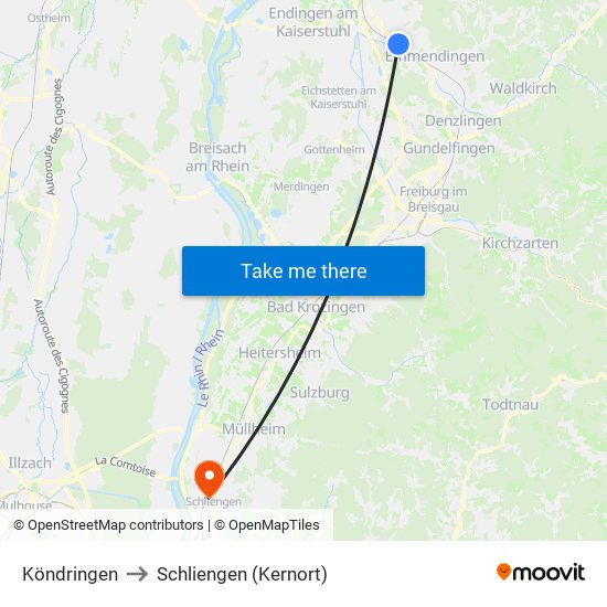 Köndringen to Schliengen (Kernort) map