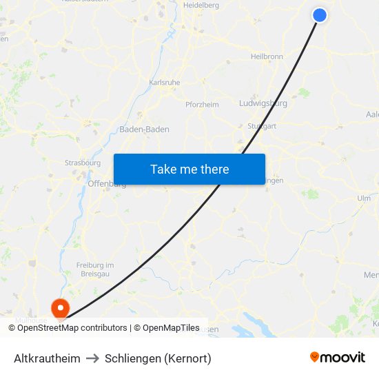 Altkrautheim to Schliengen (Kernort) map