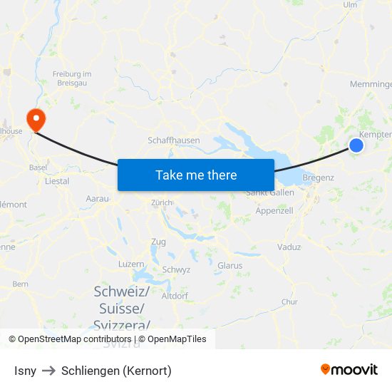 Isny to Schliengen (Kernort) map