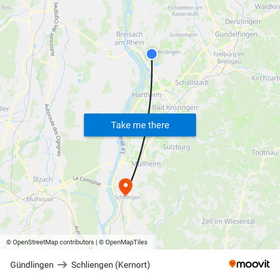 Gündlingen to Schliengen (Kernort) map