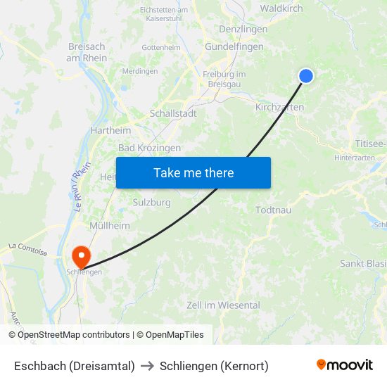 Eschbach (Dreisamtal) to Schliengen (Kernort) map