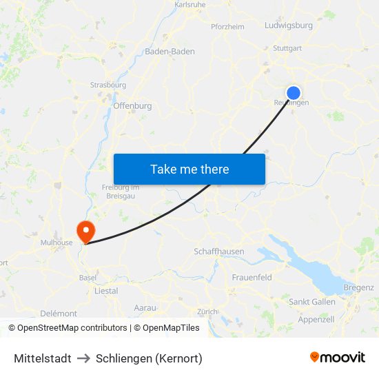 Mittelstadt to Schliengen (Kernort) map