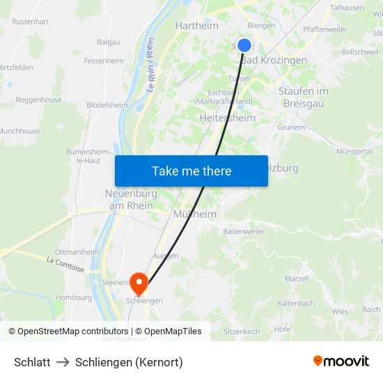 Schlatt to Schliengen (Kernort) map