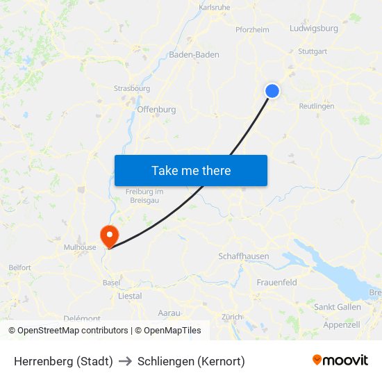 Herrenberg (Stadt) to Schliengen (Kernort) map