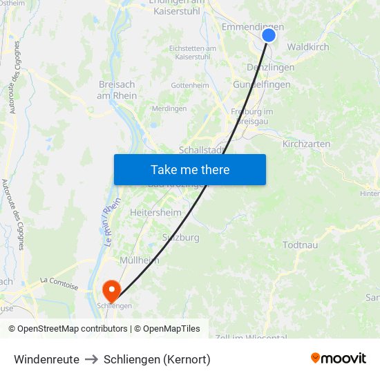 Windenreute to Schliengen (Kernort) map