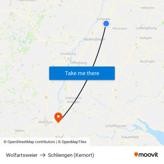 Wolfartsweier to Schliengen (Kernort) map