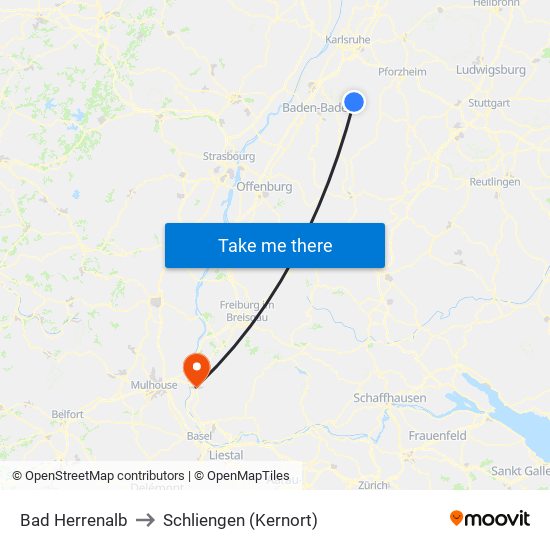 Bad Herrenalb to Schliengen (Kernort) map