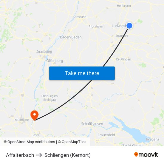 Affalterbach to Schliengen (Kernort) map