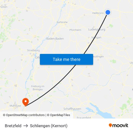 Bretzfeld to Schliengen (Kernort) map