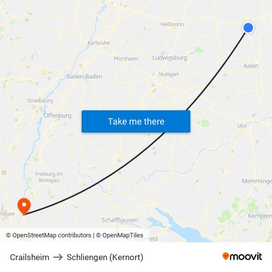 Crailsheim to Schliengen (Kernort) map