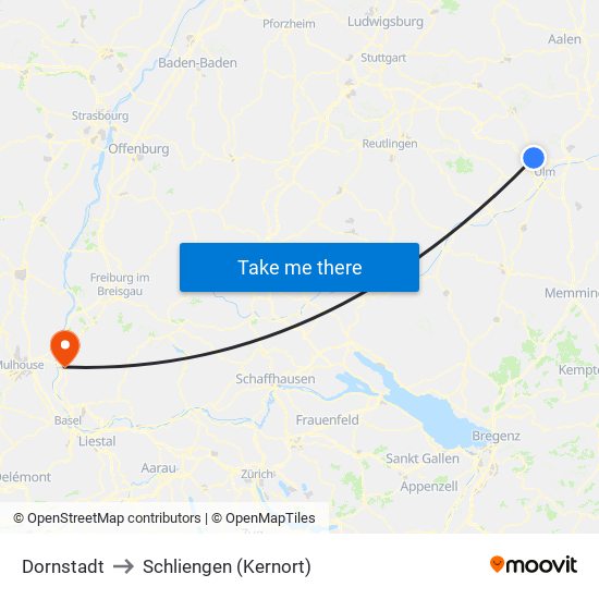 Dornstadt to Schliengen (Kernort) map