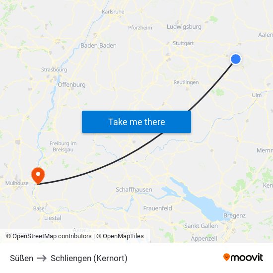 Süßen to Schliengen (Kernort) map