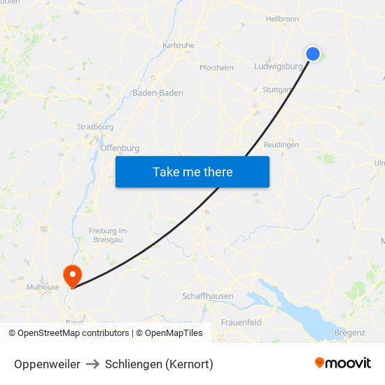 Oppenweiler to Schliengen (Kernort) map