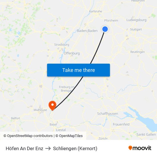 Höfen An Der Enz to Schliengen (Kernort) map