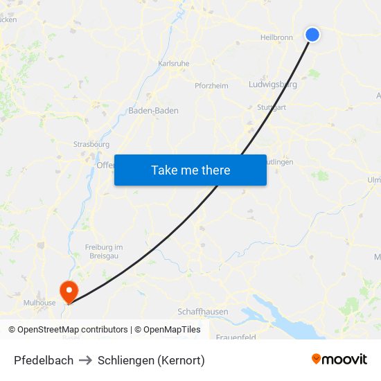 Pfedelbach to Schliengen (Kernort) map