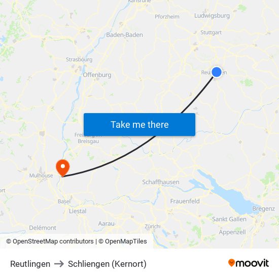 Reutlingen to Schliengen (Kernort) map