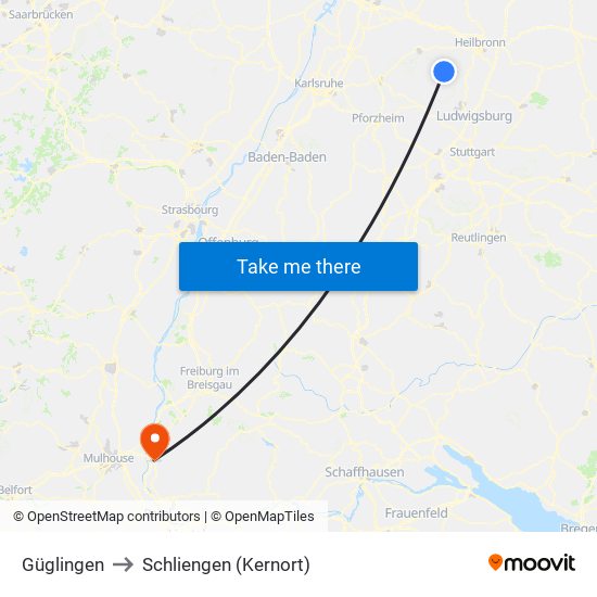 Güglingen to Schliengen (Kernort) map