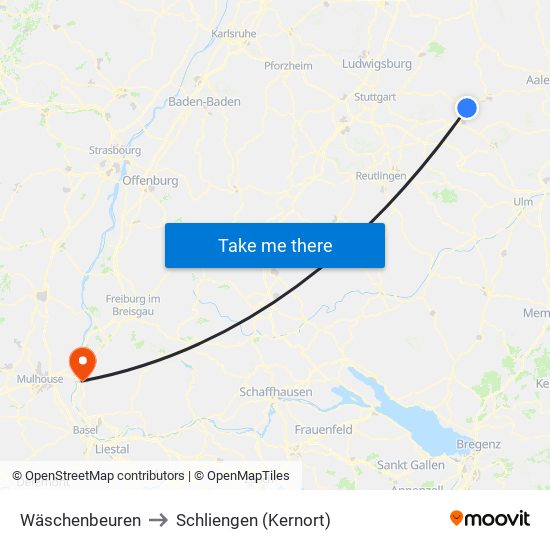 Wäschenbeuren to Schliengen (Kernort) map