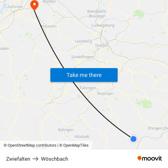 Zwiefalten to Wöschbach map