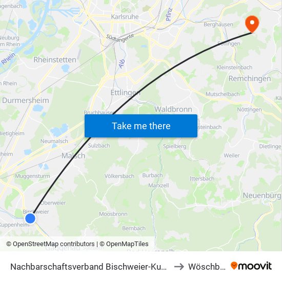 Nachbarschaftsverband Bischweier-Kuppenheim to Wöschbach map