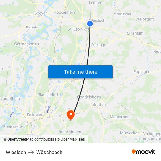 Wiesloch to Wöschbach map