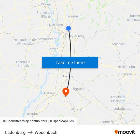 Ladenburg to Wöschbach map