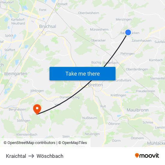 Kraichtal to Wöschbach map