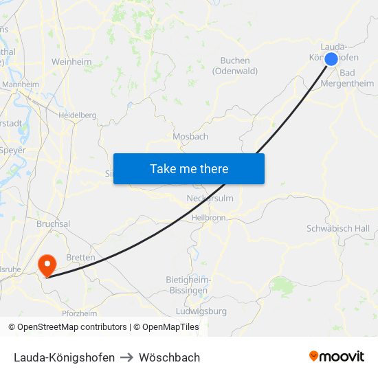 Lauda-Königshofen to Wöschbach map