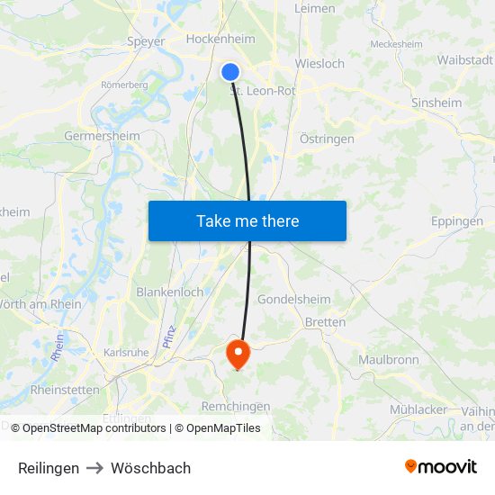 Reilingen to Wöschbach map