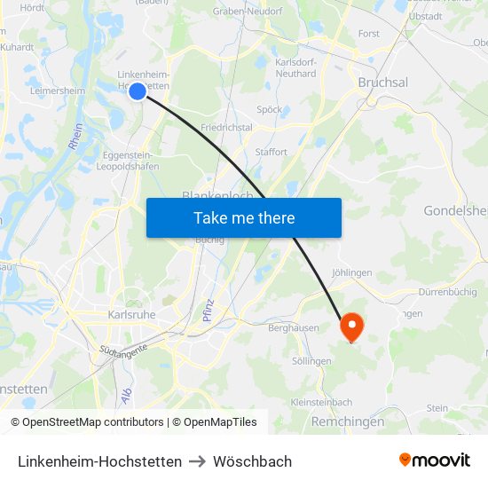 Linkenheim-Hochstetten to Wöschbach map