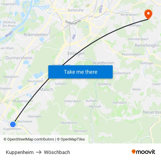 Kuppenheim to Wöschbach map