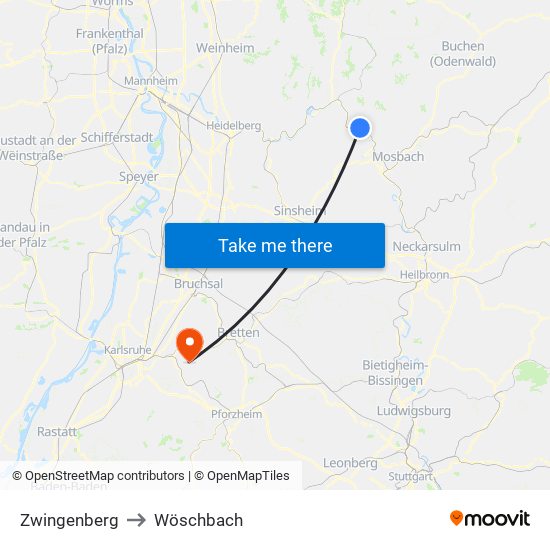 Zwingenberg to Wöschbach map