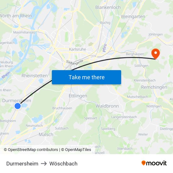 Durmersheim to Wöschbach map
