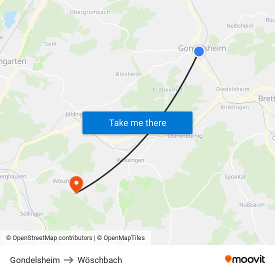Gondelsheim to Wöschbach map