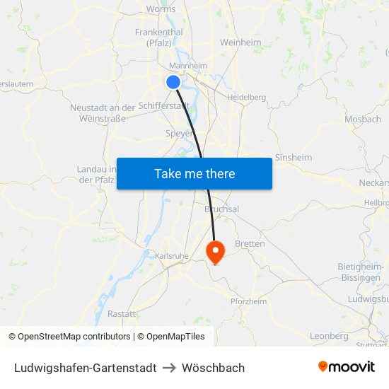 Ludwigshafen-Gartenstadt to Wöschbach map