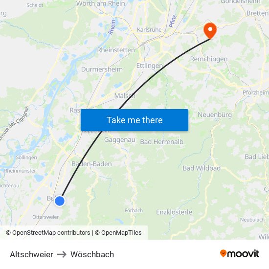 Altschweier to Wöschbach map