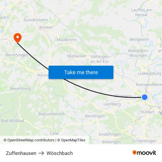 Zuffenhausen to Wöschbach map