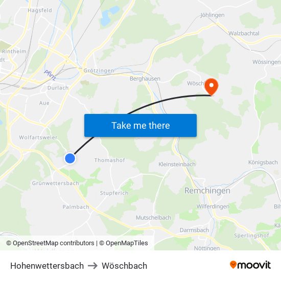 Hohenwettersbach to Wöschbach map