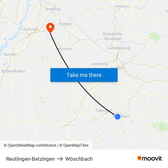 Reutlingen-Betzingen to Wöschbach map