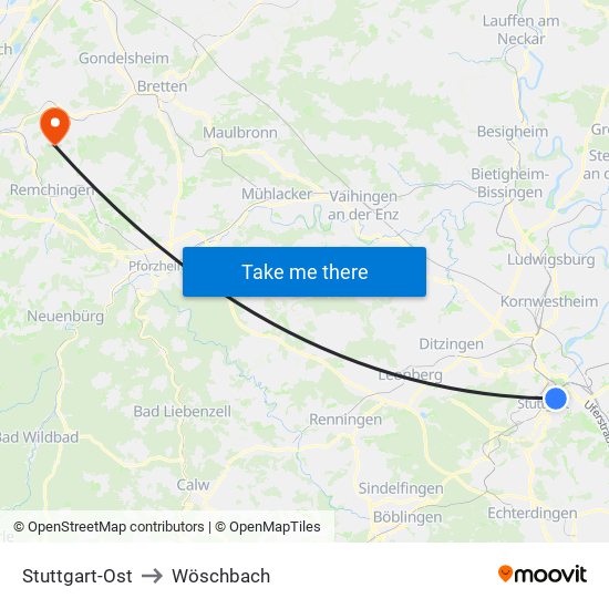 Stuttgart-Ost to Wöschbach map