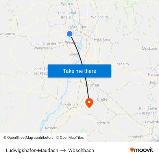 Ludwigshafen-Maudach to Wöschbach map